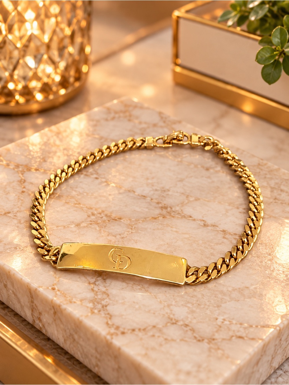 Authentic Dior Gold-Tone Unisex CD Logo ID Bracelet with COA
